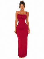 Elegant Ruched Bodice Maxi Dress in Wine Red for Women