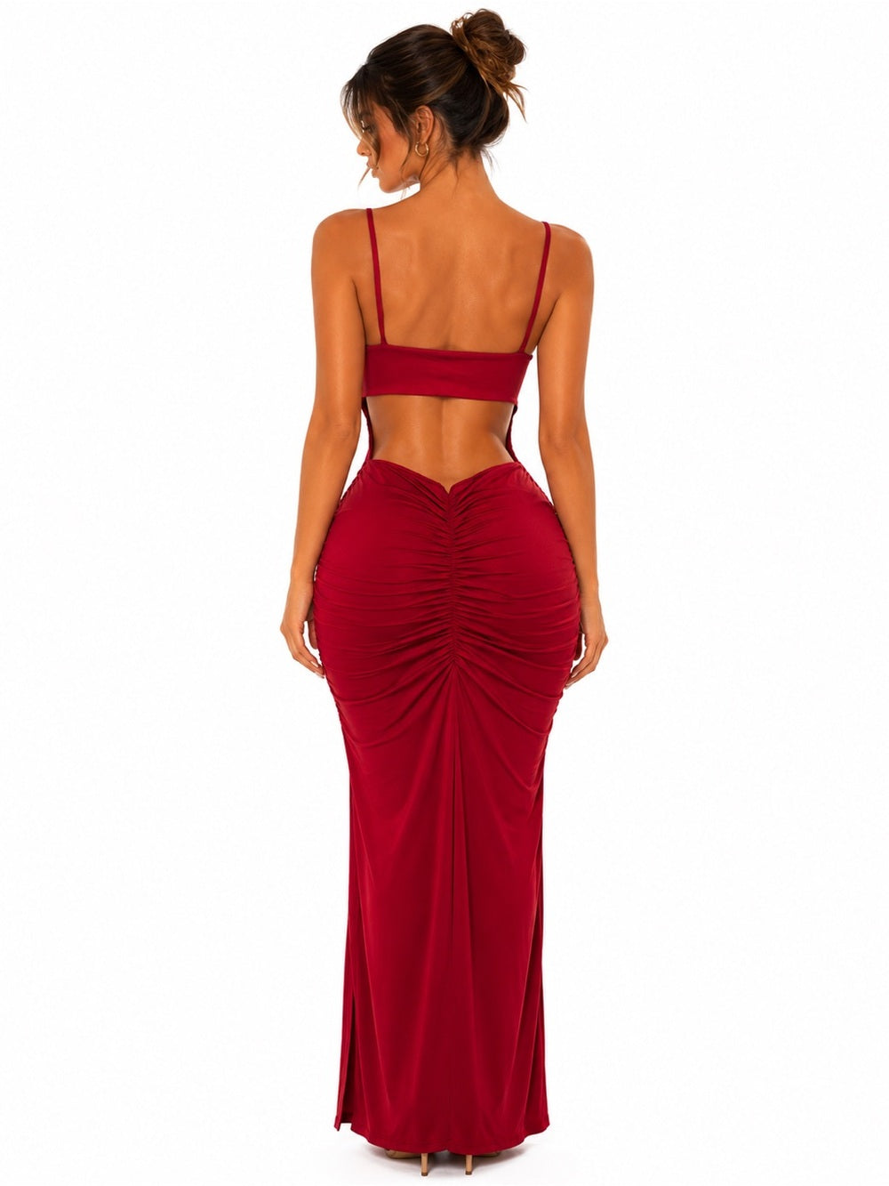 Elegant Ruched Bodice Maxi Dress in Wine Red for Women