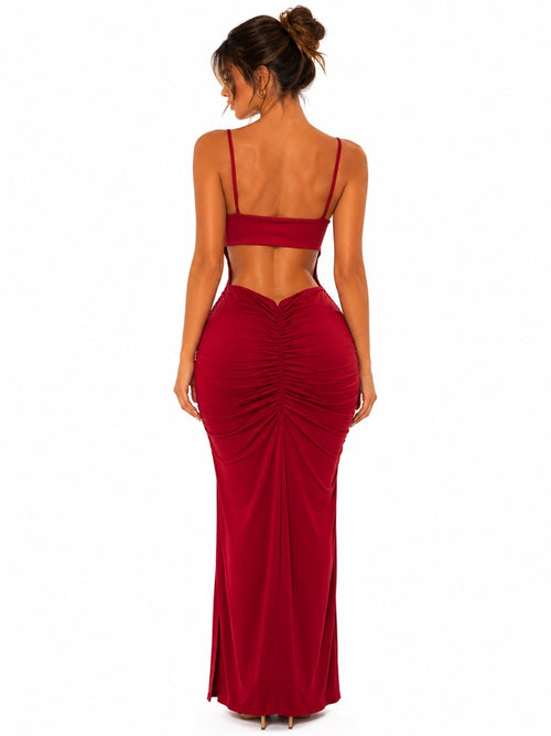 Elegant Ruched Bodice Maxi Dress in Wine Red for Women