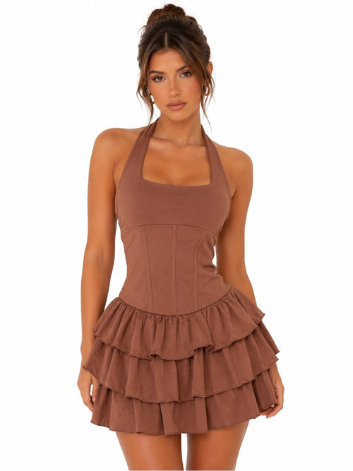Brown Halter Ruffle Tiered Mini Dress