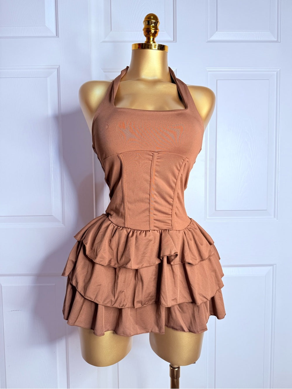 Brown Halter Ruffle Tiered Mini Dress