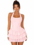 Vestido Corto Halter con Volantes y Niveles Rosa