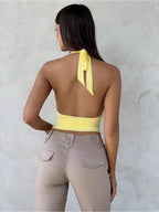 Yellow Halter Crop Top With Front Ring Detail