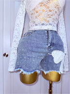 Lace Bow High-Waist Denim Shorts Blue