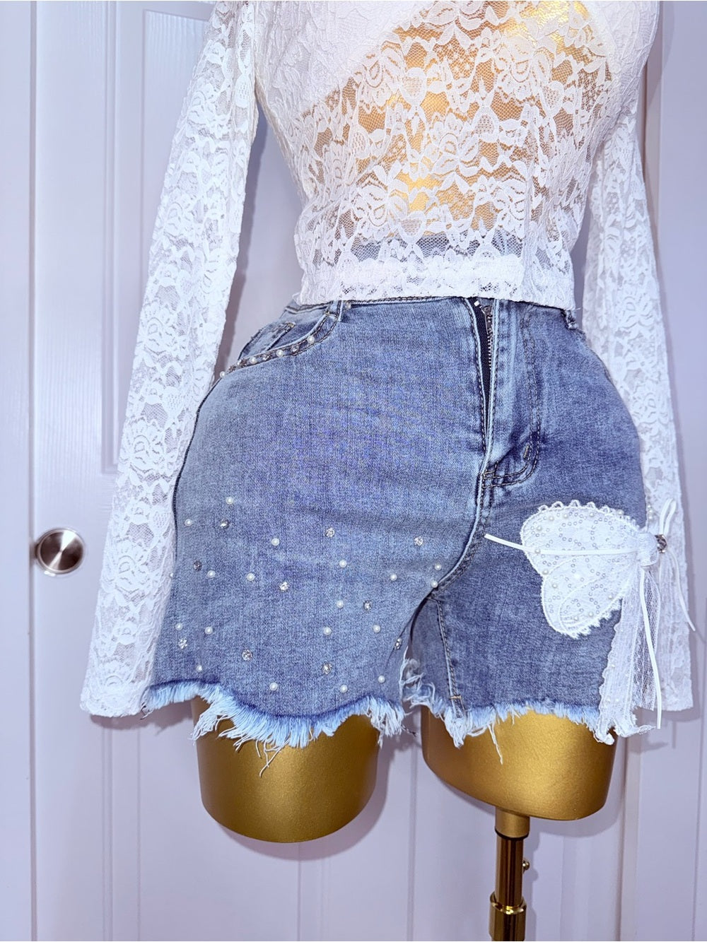 Lace Bow High-Waist Denim Shorts Blue