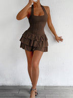 Brown Halter Ruffle Tiered Mini Dress