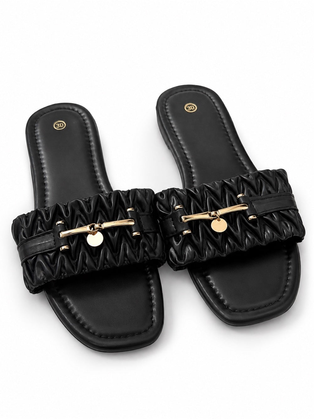 Sandalias Acolchadas Negras con Acento Dorado para Mujer