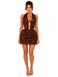 Conjunto de Dos Piezas Halter Marrón Texturizado Sexy para Fiesta