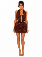Conjunto de Dos Piezas Halter Marrón Texturizado Sexy para Fiesta