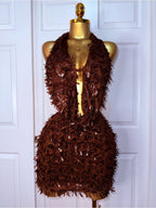 Conjunto de Dos Piezas Halter Marrón Texturizado Sexy para Fiesta