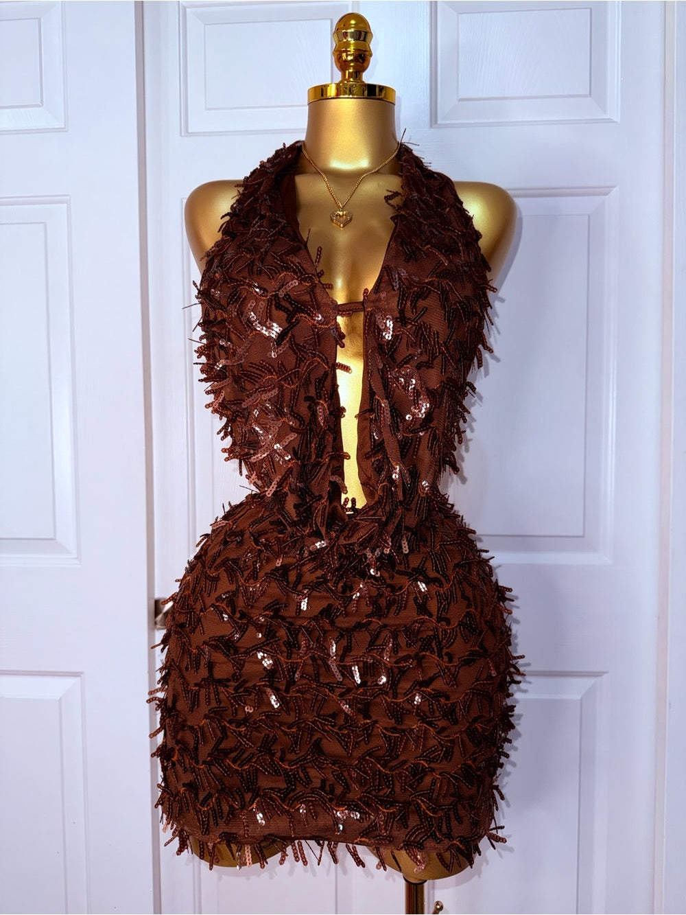 Conjunto de Dos Piezas Halter Marrón Texturizado Sexy para Fiesta