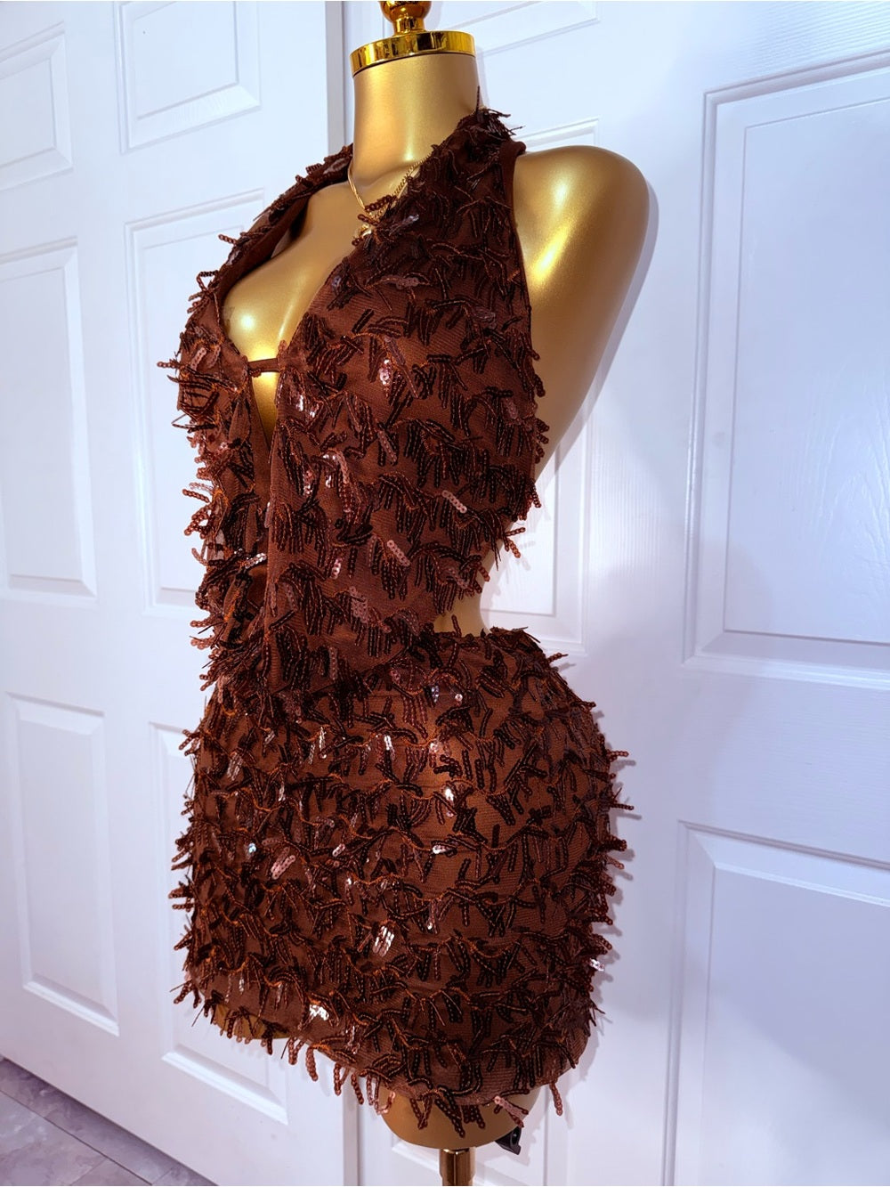 Conjunto de Dos Piezas Halter Marrón Texturizado Sexy para Fiesta
