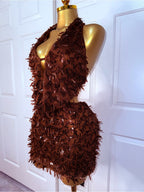 Conjunto de Dos Piezas Halter Marrón Texturizado Sexy para Fiesta