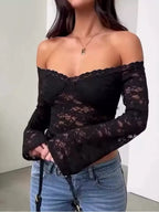 Off-Shoulder Black Lace Long-Sleeve Women's Top