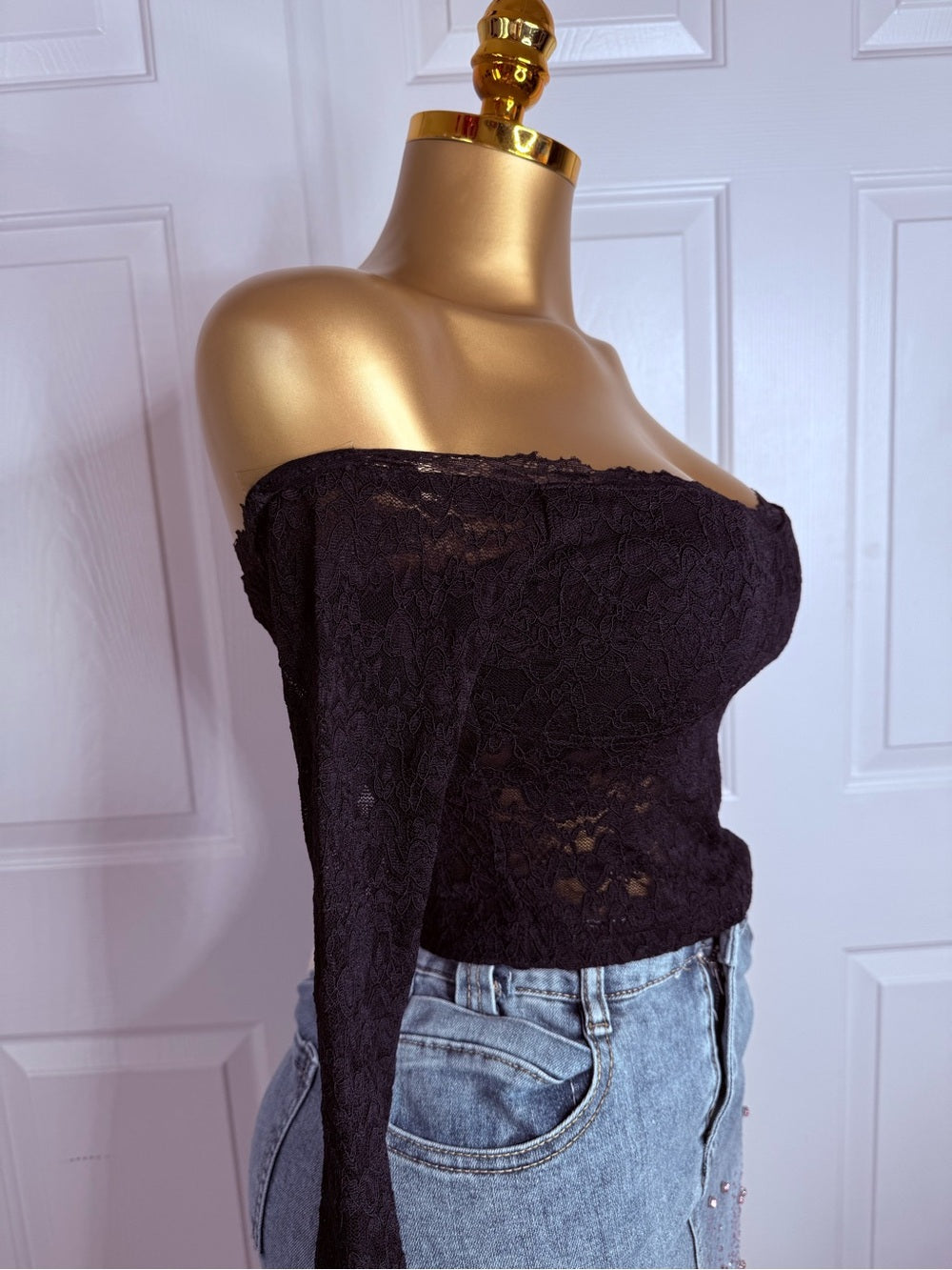 Off-Shoulder Black Lace Long-Sleeve Women's Top