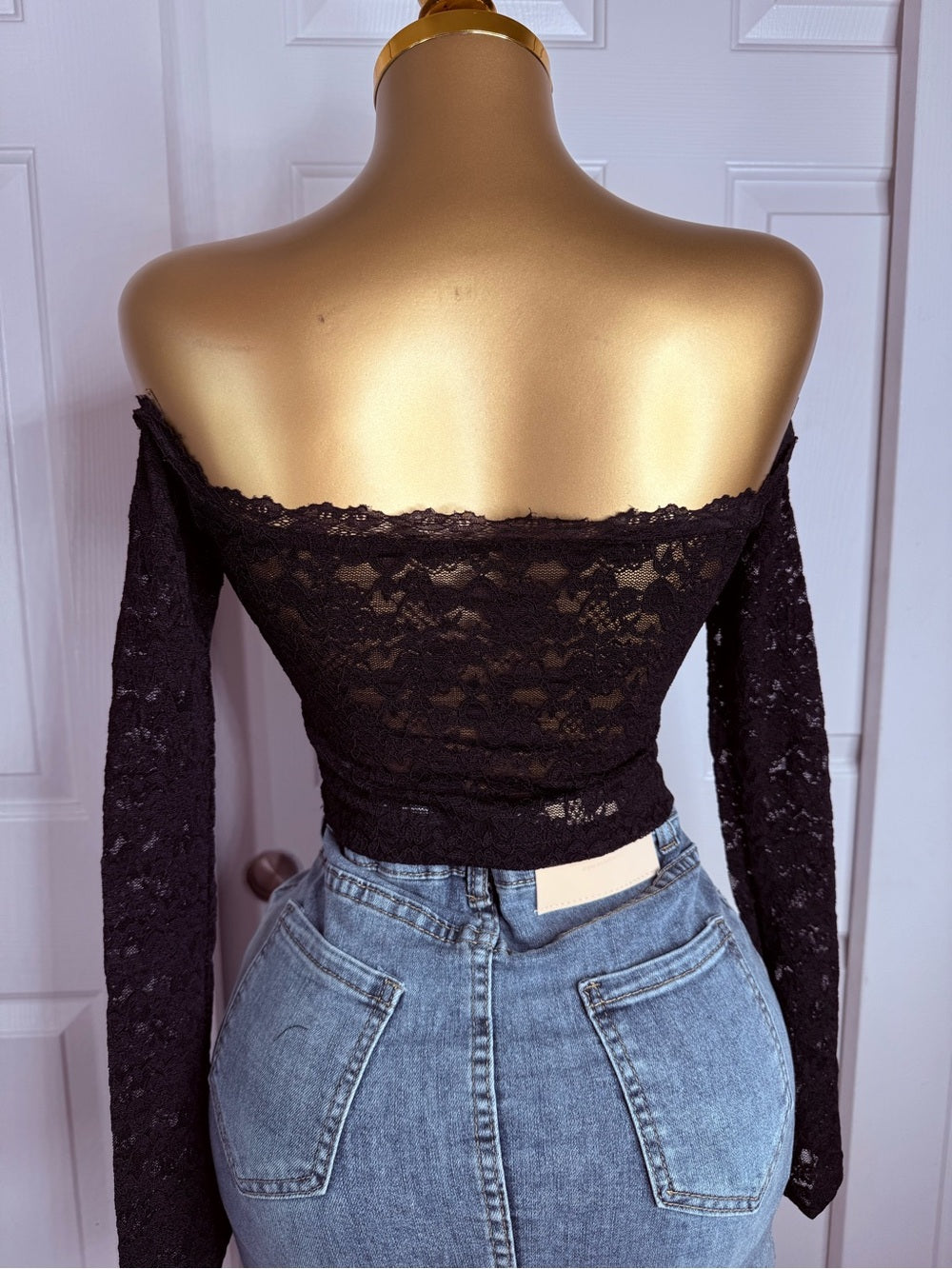 Off-Shoulder Black Lace Long-Sleeve Women's Top