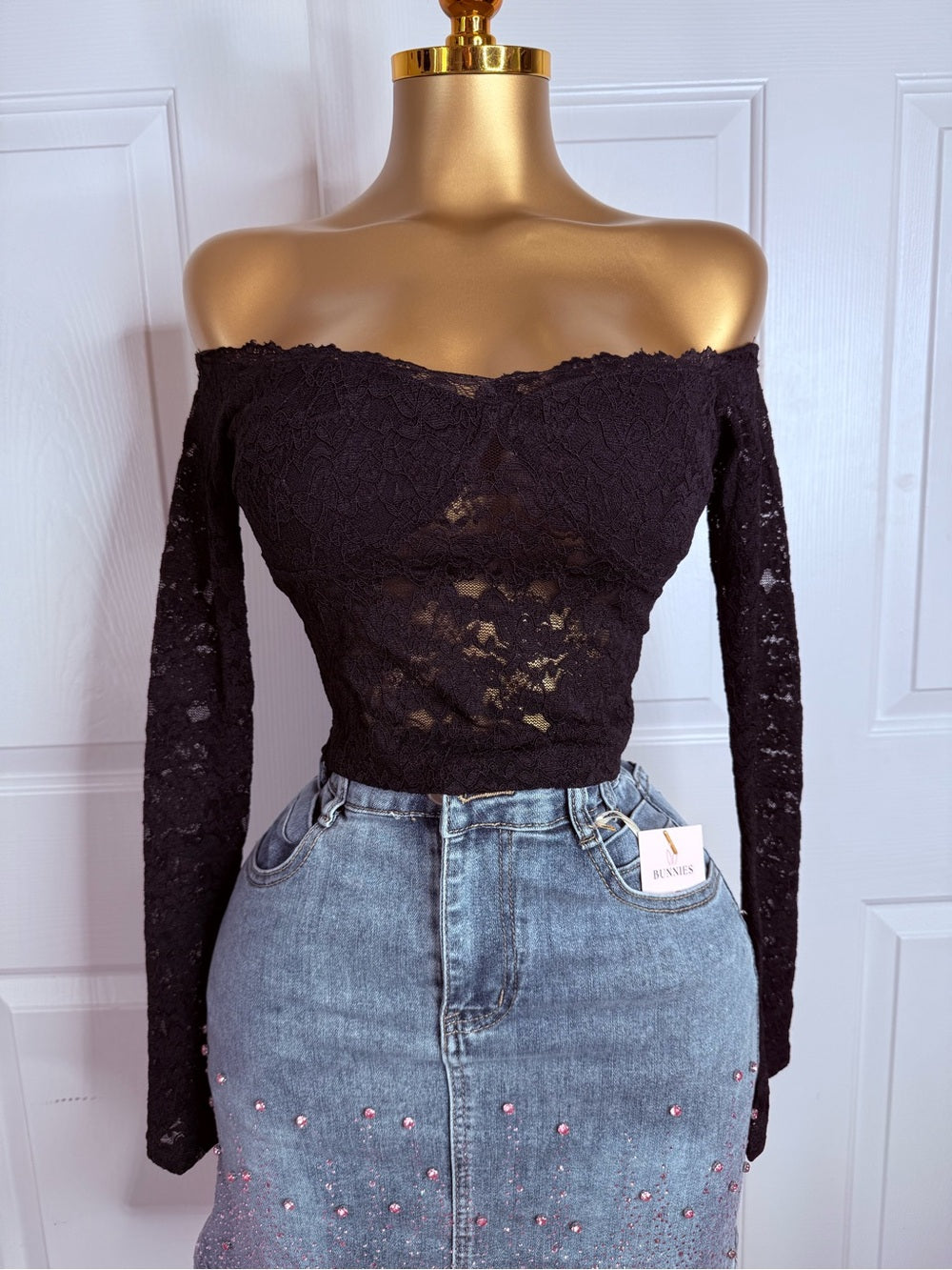 Off-Shoulder Black Lace Long-Sleeve Women's Top