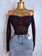 Off-Shoulder Black Lace Long-Sleeve Women's Top
