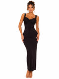 Vestido Maxi Negro Elegante con Busto de Encaje y Detalle de Lazo