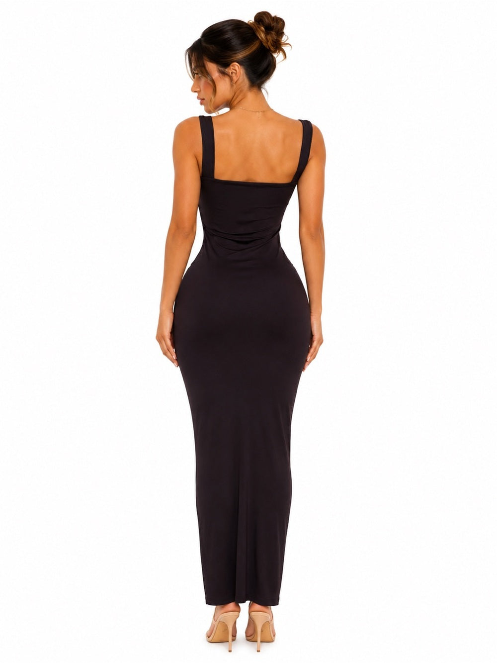 Vestido Maxi Negro Elegante con Busto de Encaje y Detalle de Lazo