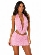 Conjunto de Top Corto Halter y Minifalda con Flecos Rosa