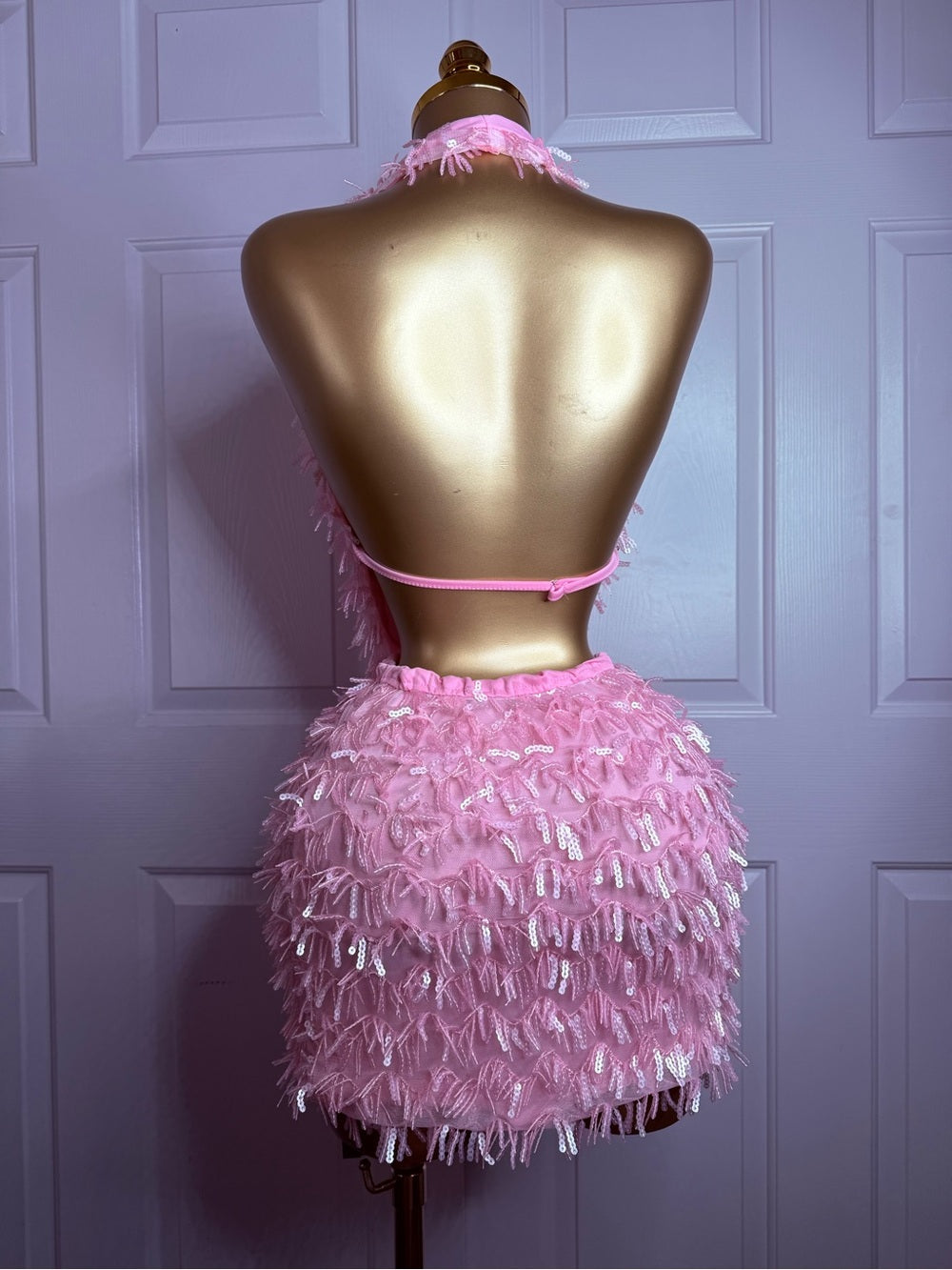 Conjunto de Top Corto Halter y Minifalda con Flecos Rosa