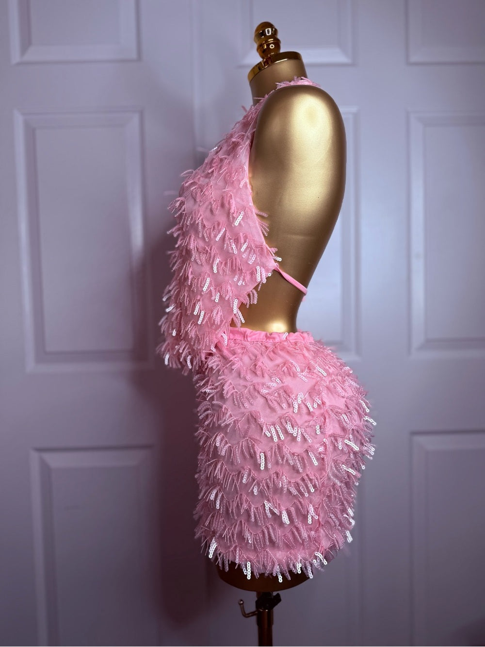 Conjunto de Top Corto Halter y Minifalda con Flecos Rosa