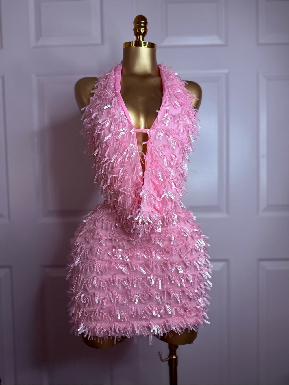 Conjunto de Top Corto Halter y Minifalda con Flecos Rosa