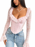 Delicate Pink Lace Bustier Top with Ruffle Trim