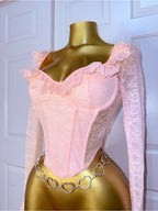 Delicate Pink Lace Bustier Top with Ruffle Trim