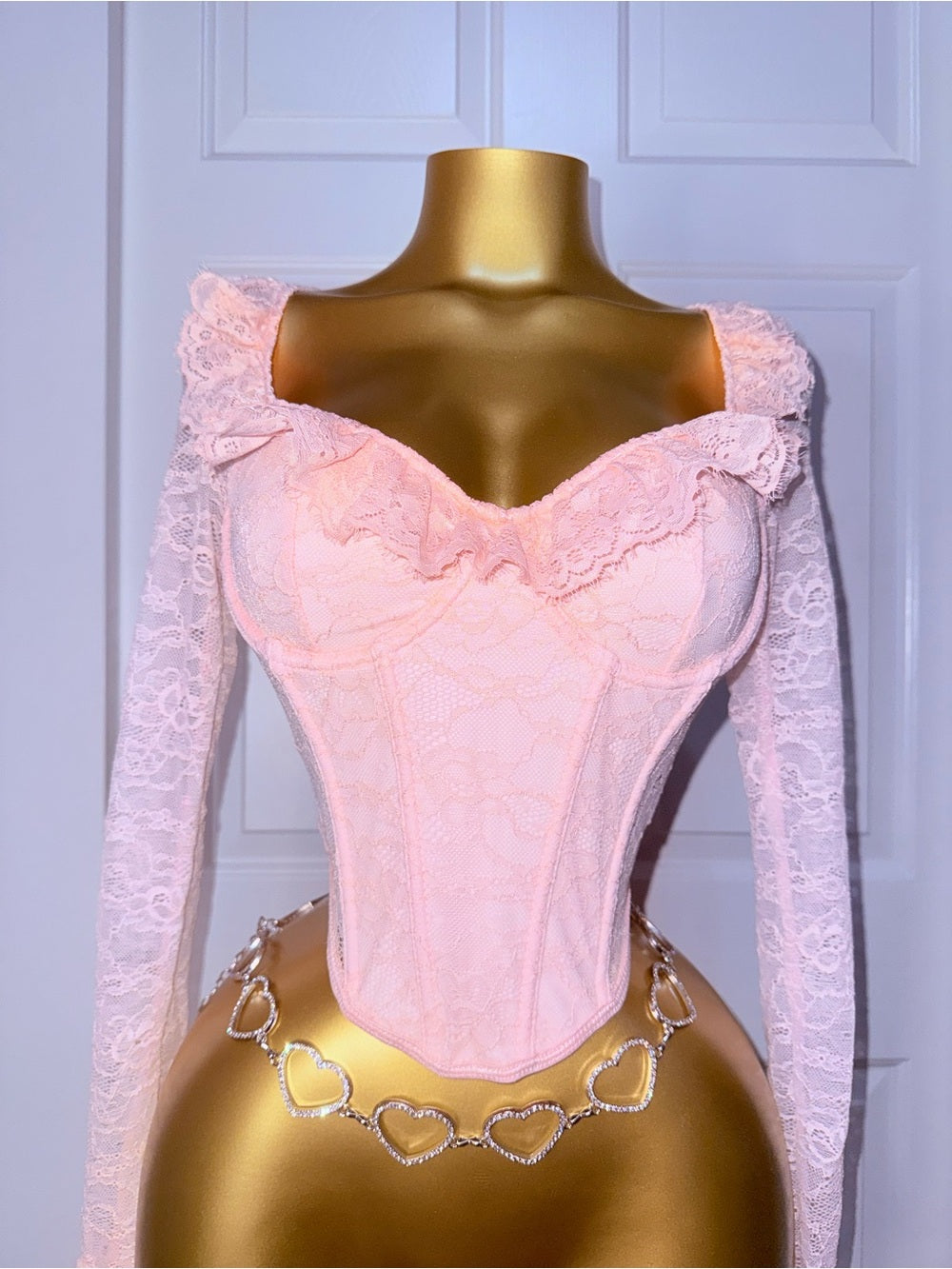 Delicate Pink Lace Bustier Top with Ruffle Trim