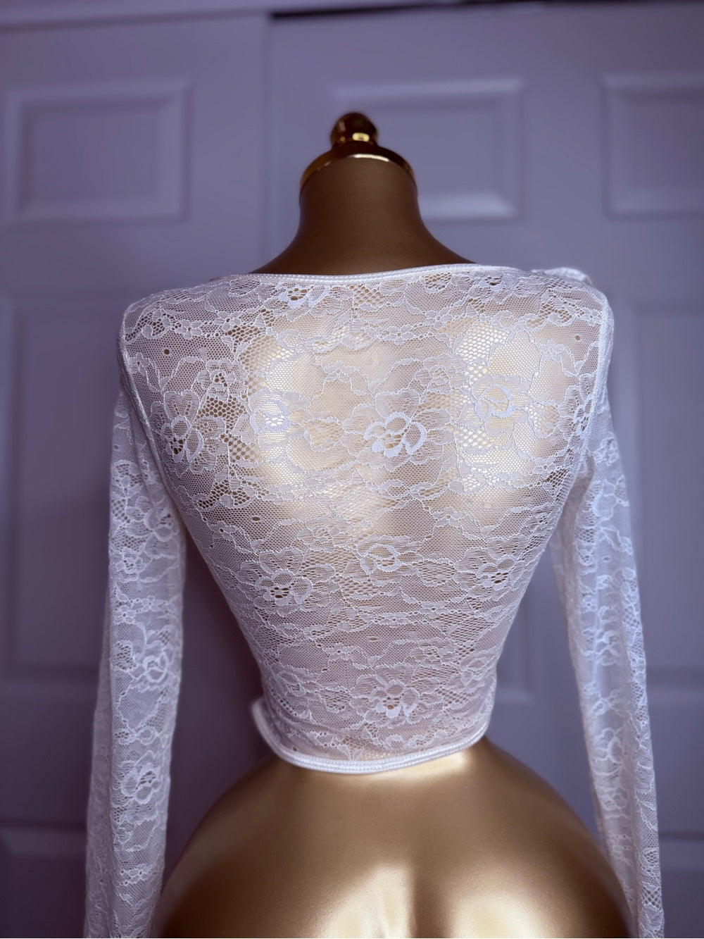 Ivory Lace Long-Sleeve Corset Top With Sheer Sleeves