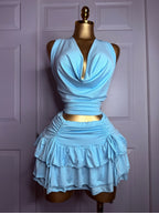 Light Blue Draped V-Neck Crop Top and Ruffled Mini Skirt Set