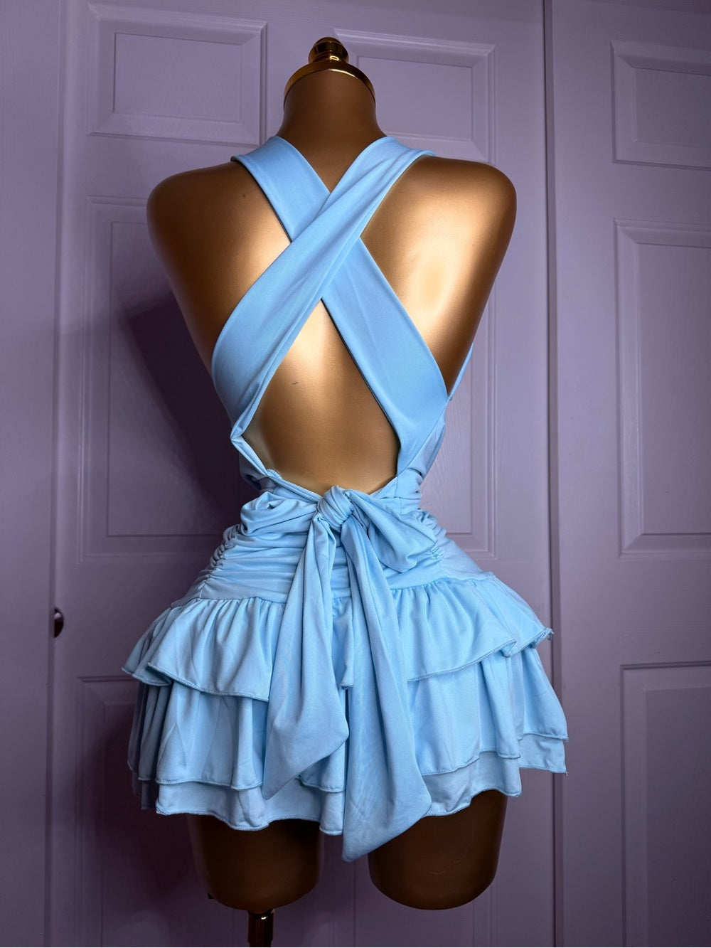 Light Blue Draped V-Neck Crop Top and Ruffled Mini Skirt Set