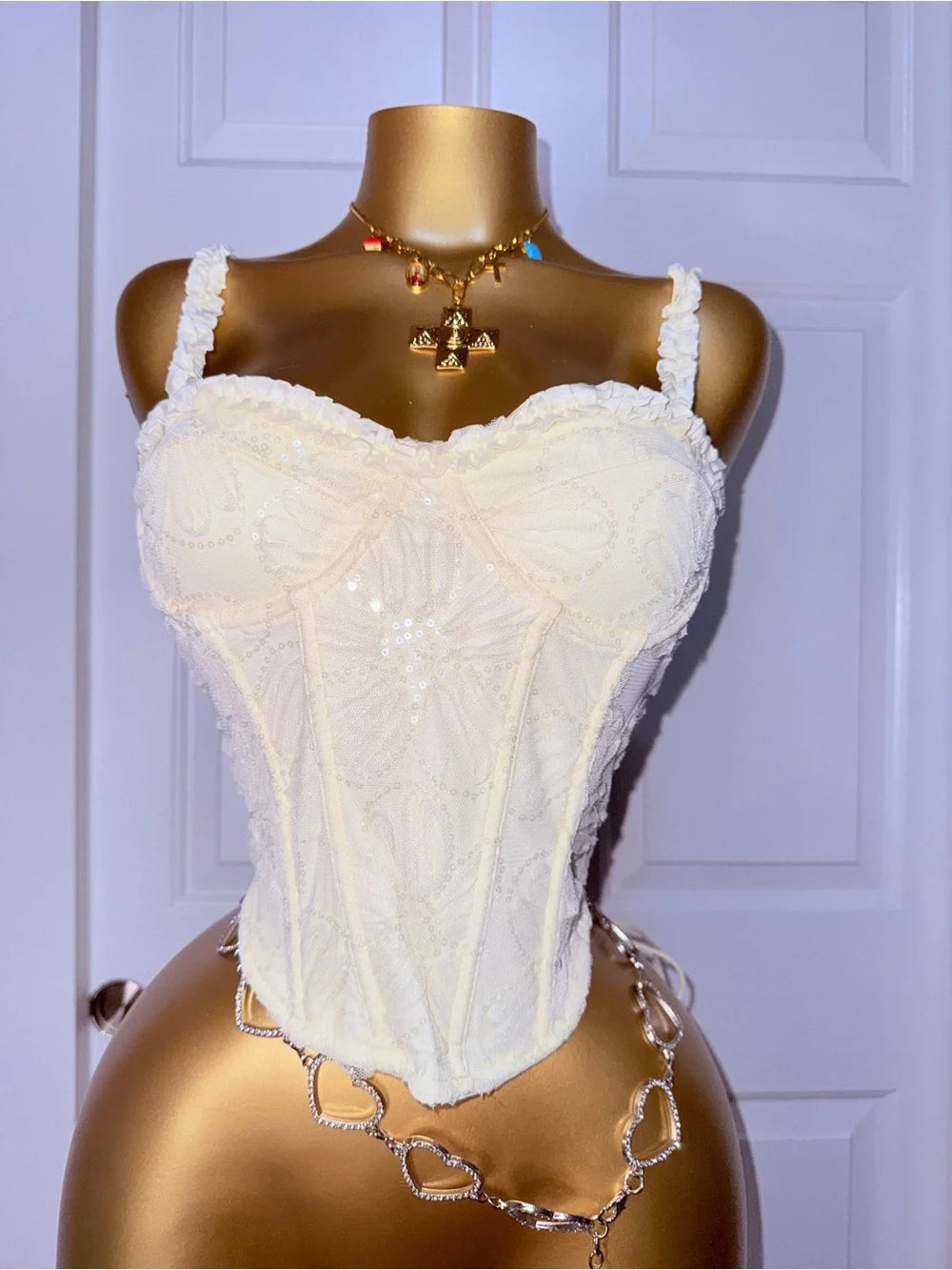Top Corsé de Encaje Femenino en Tono Crema Suave