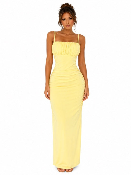 Vestido Maxi Amarillo con Fruncidos y Tirantes Finos