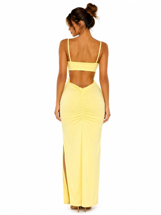 Vestido Maxi Amarillo con Fruncidos y Tirantes Finos